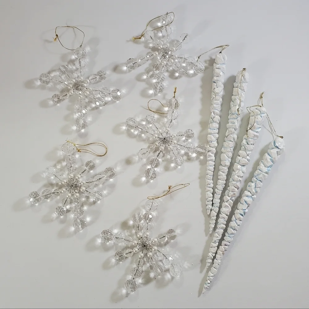 Christmas Ornaments Clear Snowflakes and White Blue Glitter Icicles Holiday
